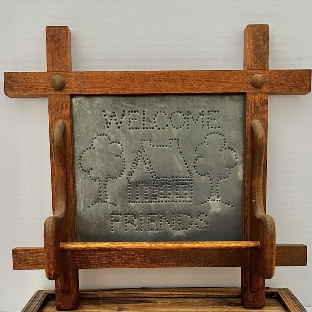Vintage Folk Art Classic Farmhouse Country Hand Punched Tin Hand Towel Hanger